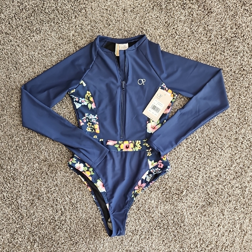 OP Women's Blue Floral Long Sleeve Swimsuit- Tropical Multi